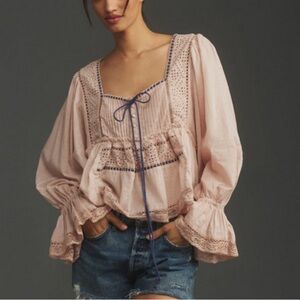 Anthropologie Long-Sleeve Eyelet Swing Top Size L